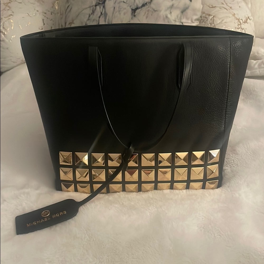 MICHAEL Michael Kors Black Leather Tote with Gold Studs